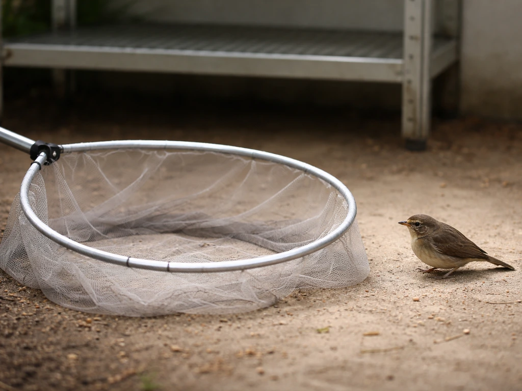 Lightweight hoop net held low beside ground racking, with a small calm bird near the net’s reach.