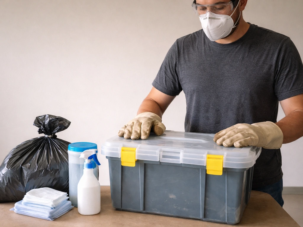 Gloved hands, safety goggles, and N95 respirator next to a closed containment box and cleanup supplies