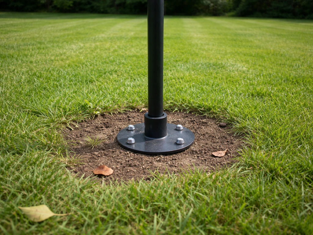 Mower-trimmed grass and clean ground around a birdhouse mounting pole base, with no debris piles.