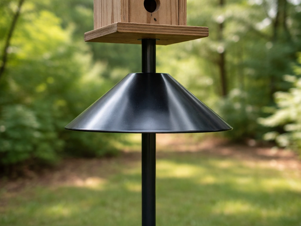 Smooth stovepipe-style metal baffle mounted on a pole beneath a bird house in a quiet yard.