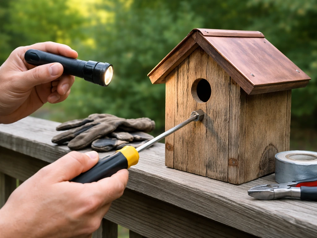 Hand checks a bird house exterior with a screwdriver and flashlight before nesting season.