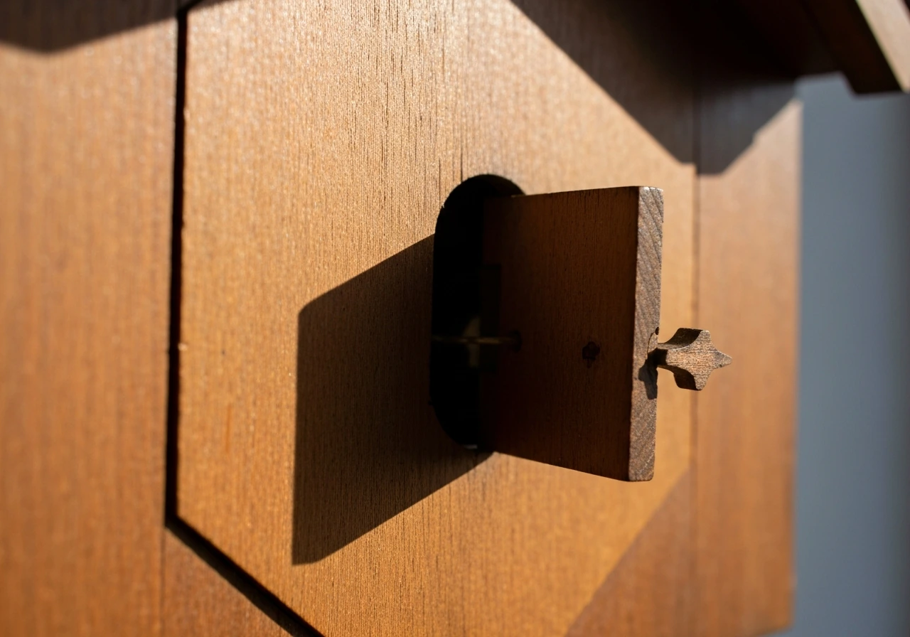 Close-up of a cuckoo clock with the bird door stuck open near the door/frame area.