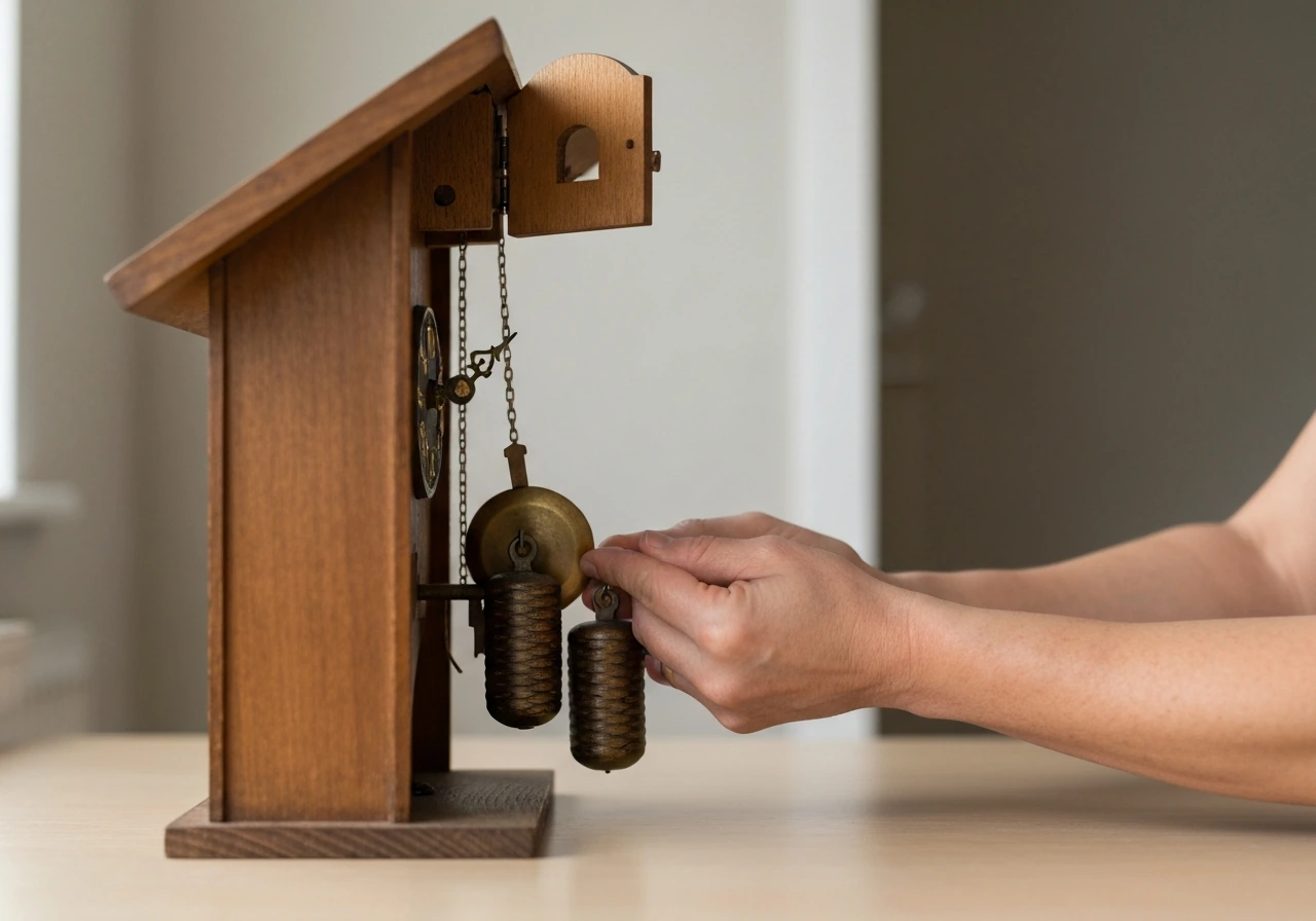 Cuckoo clock with pendulum held still and weights lowered, showing immediate safety before clearing the bird door