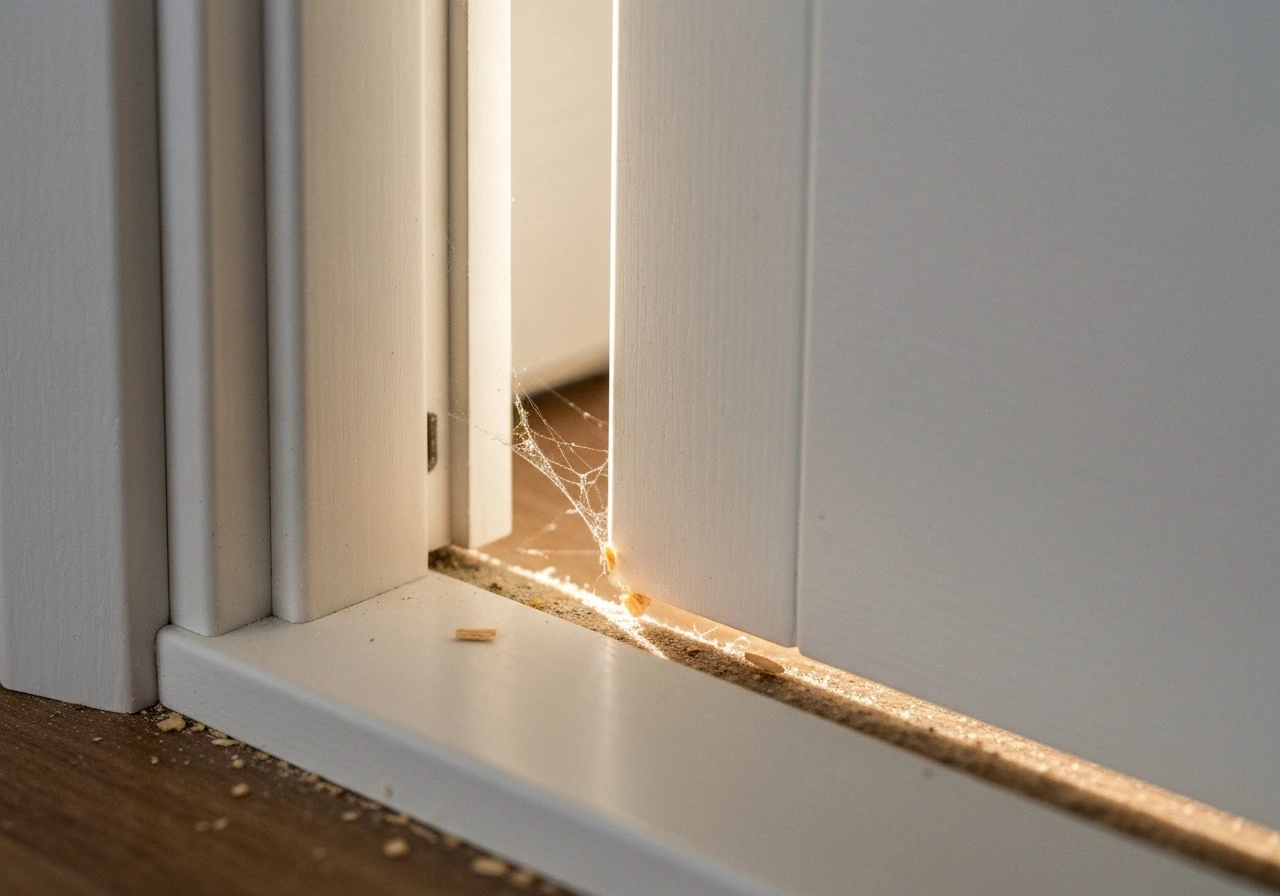 Close-up of a slightly ajar door showing possible dust, cobweb, and tiny debris near the closing gap.