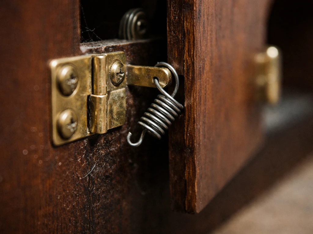 Close-up of a cuckoo clock return spring near the hinge, shown weak or slipped out of place.