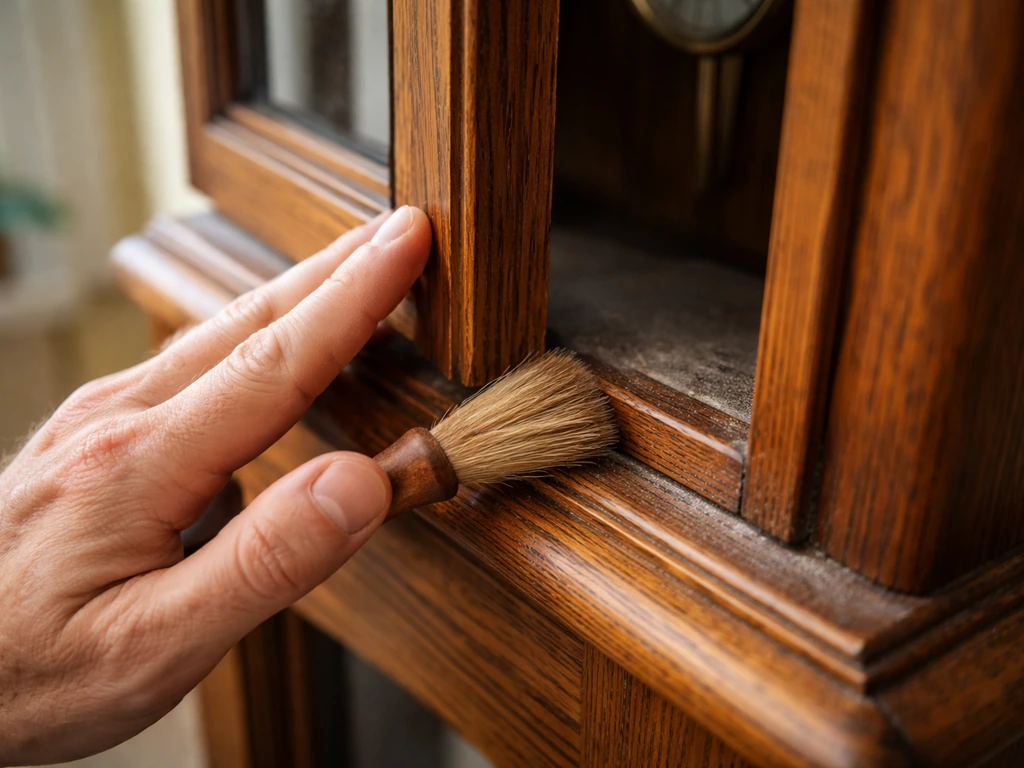 Hands inspecting a wooden door frame for dust and debris during seasonal maintenance.