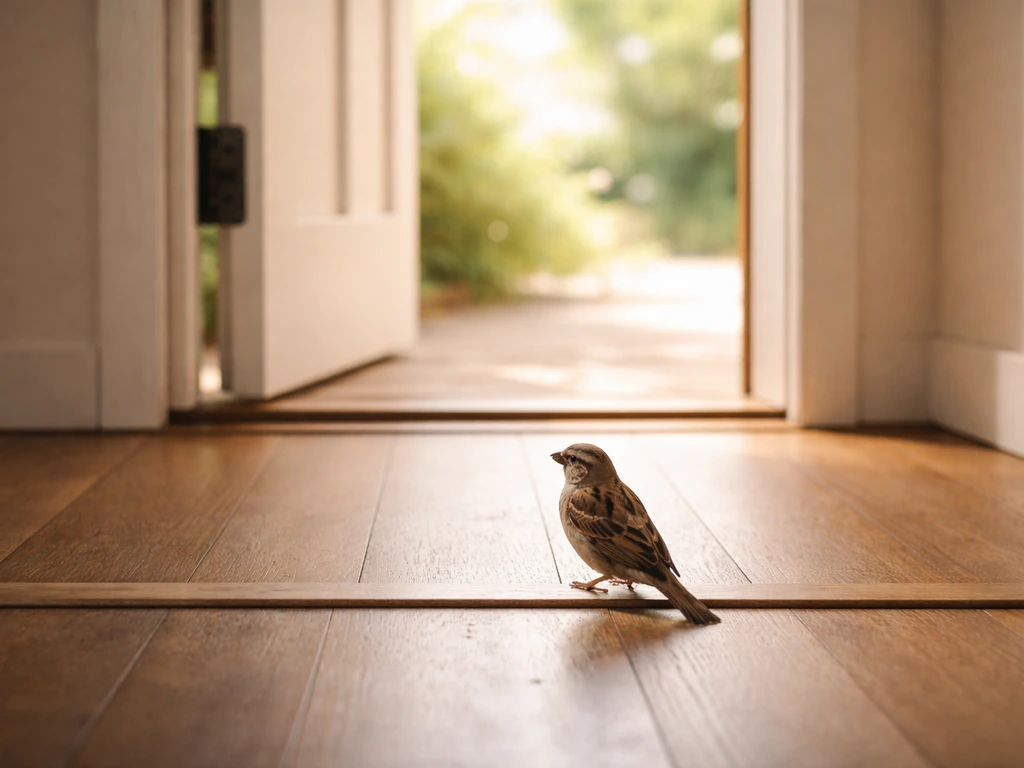 Small bird perched near an open exterior door inside a quiet room, with an unobstructed path out.