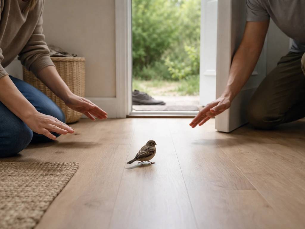People in a quiet room open a door while guiding a small bird toward the exit, no one touches it.