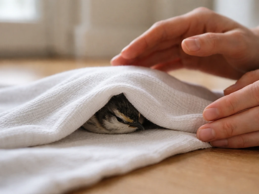 A small grounded bird calmly covered with a light towel as a handler prepares to gently cup it
