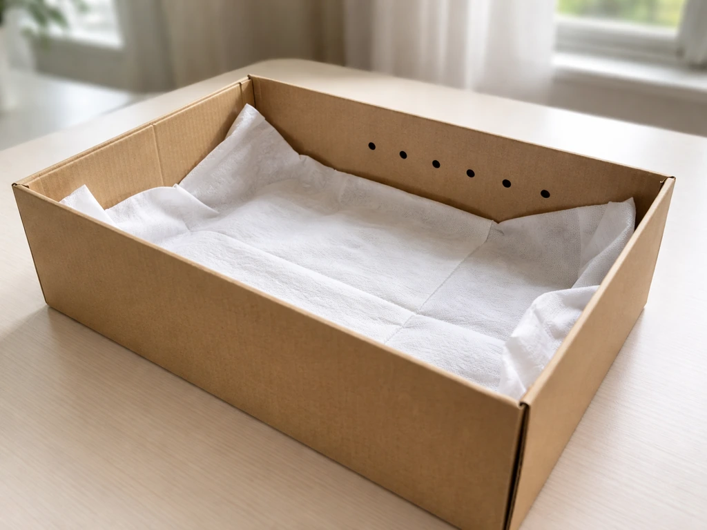 Lined shoebox holding box with tissue lining and small air holes on a clean surface