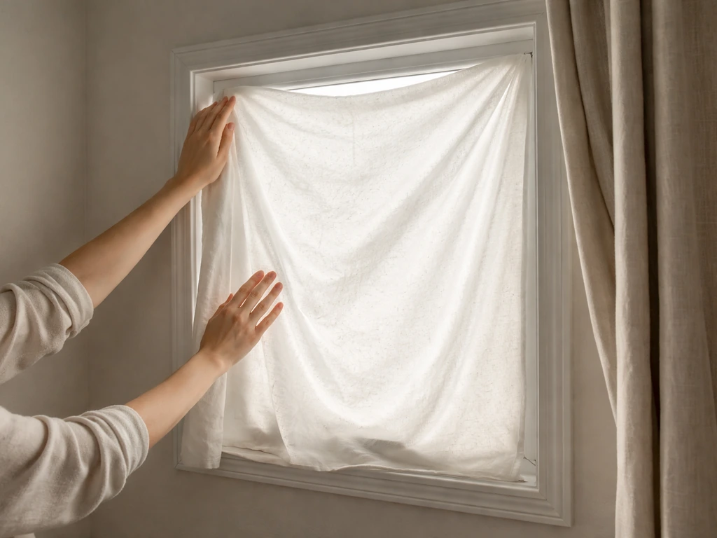 Person covering an indoor window with a blanket to prevent a bird from hitting the glass