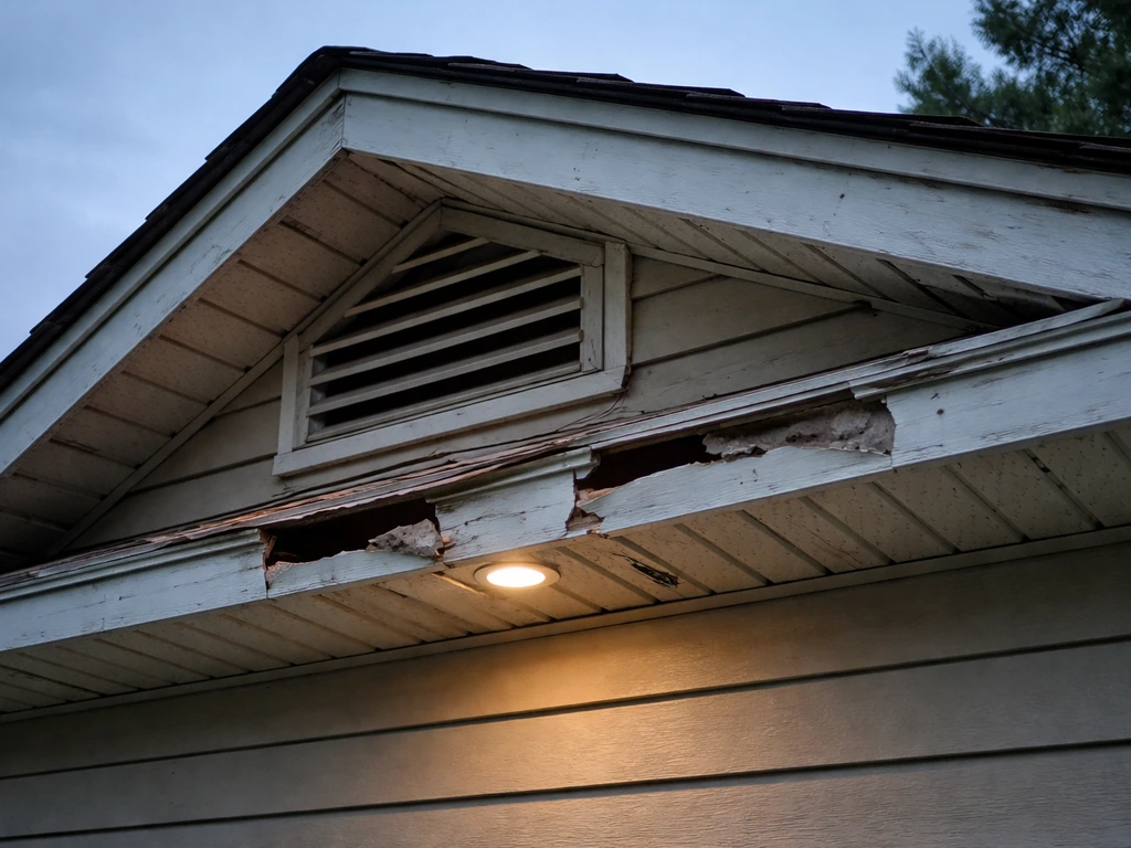 Home exterior inspection view showing roofline gaps, soffit damage, and open gable vent area to seal