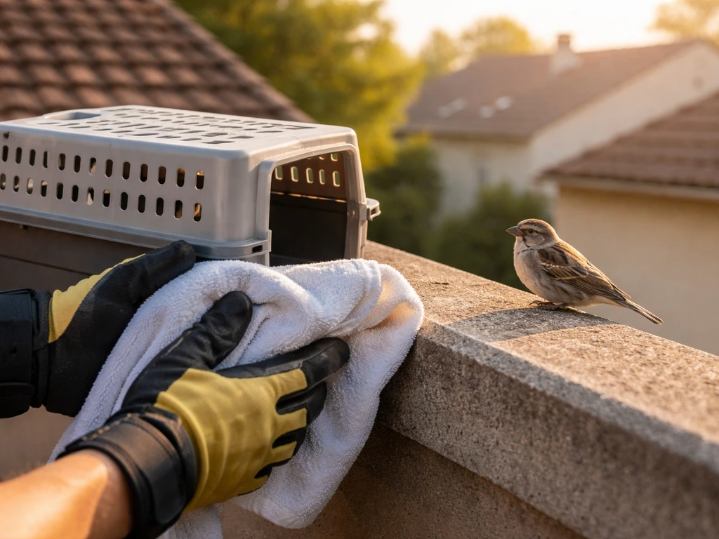 Rescuer’s hands with a towel near a rooftop ledge as a small bird perches nearby