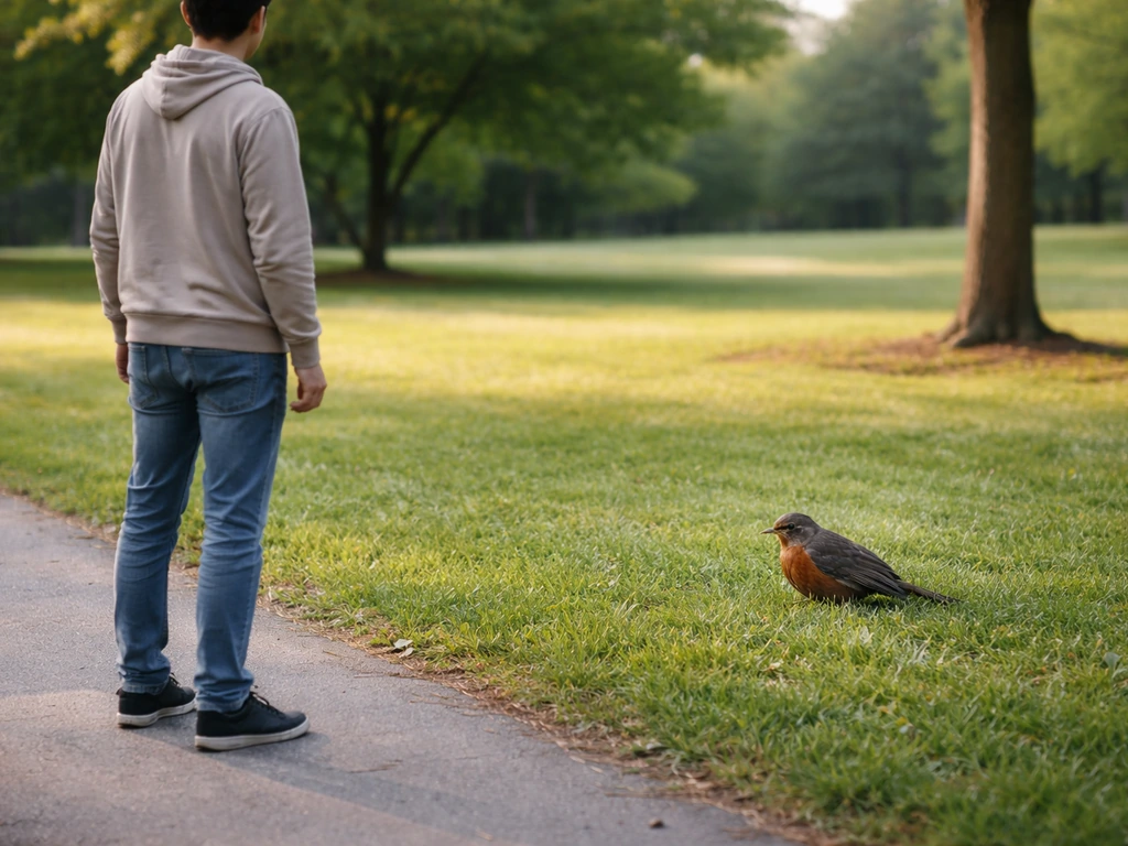 Cautious person watches a wild bird in grass outdoors, bird’s posture shows possible injury.