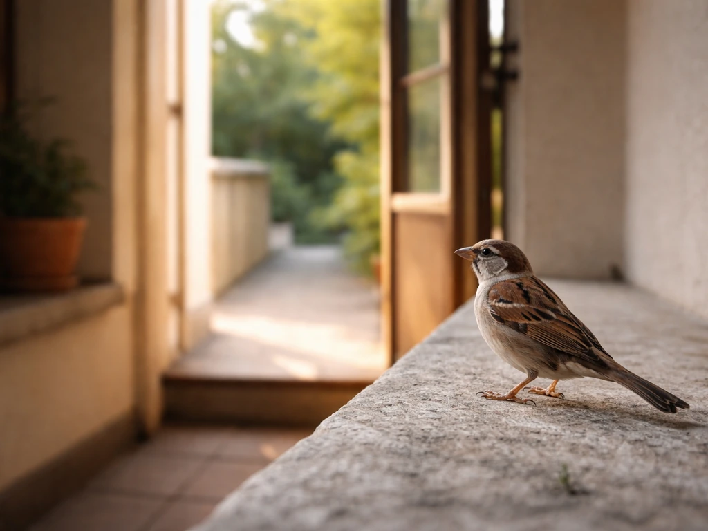 Small bird on a balcony ledge facing an open doorway with a clear path to the outdoors