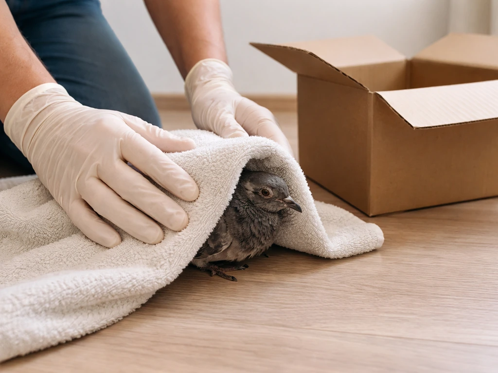 Gloved rescuer gently covering an injured bird with a towel, with a cardboard transfer box nearby.