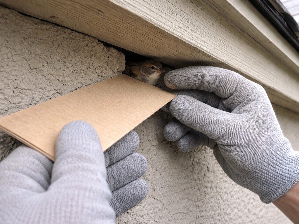 Gloved rescuer gently guiding a small bird out from under a house eave with a cardboard piece