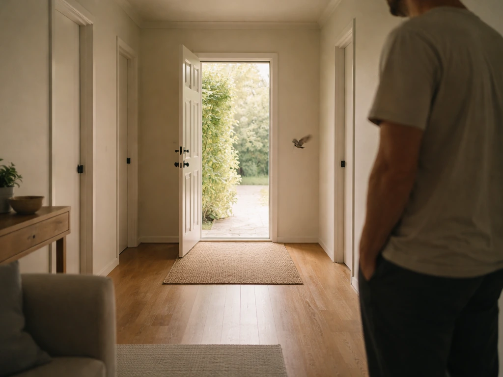 Living room scene with internal doors closed and an open front door creating a clear exit for a bird