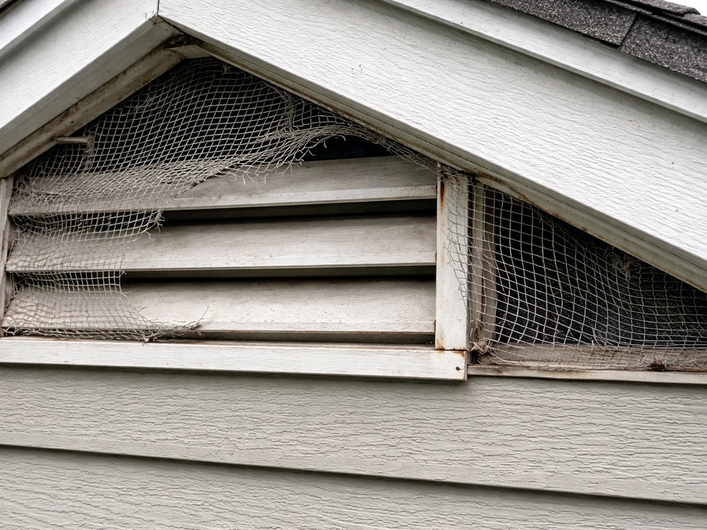 Close-up of a roof vent and attic louver area with missing/broken screening and small exterior gaps.