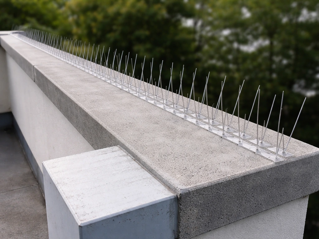 Bird spikes installed along an empty parapet ledge, showing the unobstructed roosting surface