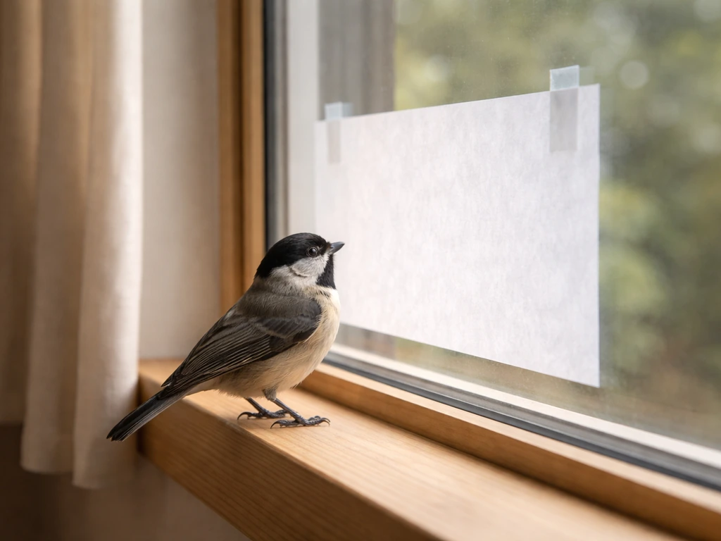 A small bird perched by a window with a temporary paper/fabric deterrent placed on the glass