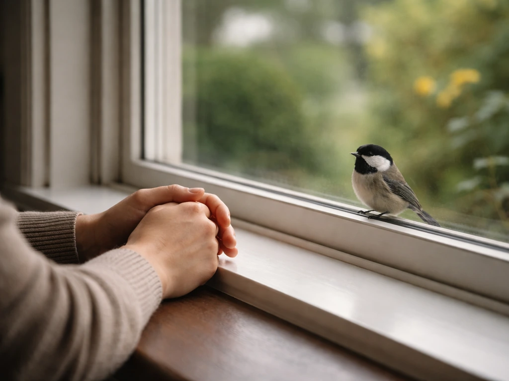 Homeowner’s hands near a window while observing a small bird chirping outside near reflective glass.