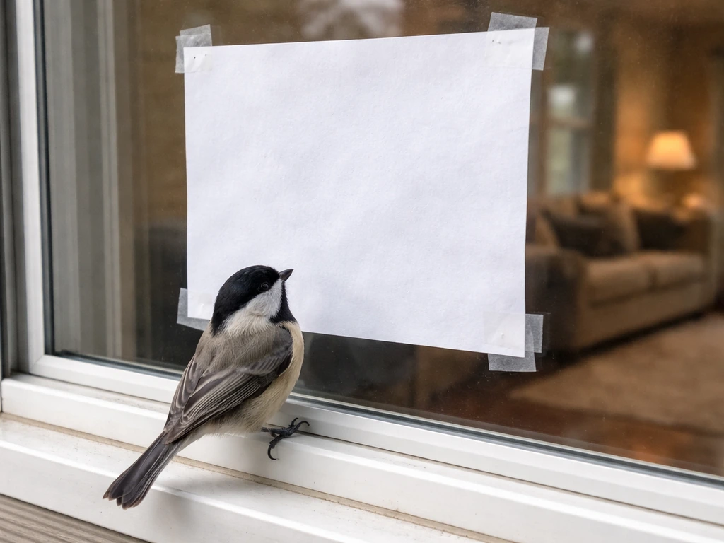 Small bird perched at a home window with a sheet of paper taped to the glass to break reflections.