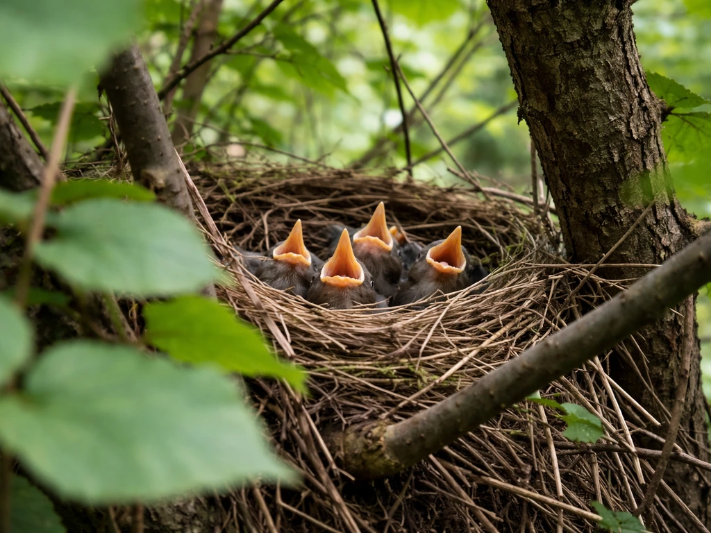 Young birds in a nest, seen from a safe distance behind natural branches.