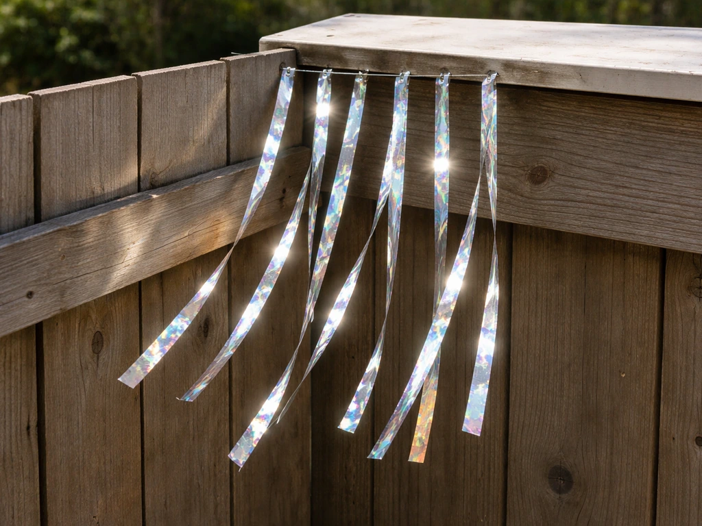 Reflective flash tape strips fluttering on a fence, creating bright light glints for bird deterrence.