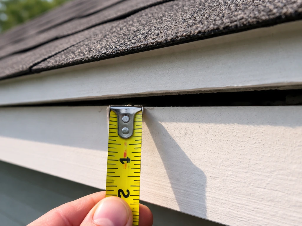 Close-up of a roof eave gap in building trim with a measuring tape showing the opening size.