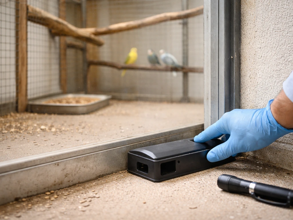 Humane inspection of a mouse trap area inside a clean bird aviary with safety barriers and a gloved handler