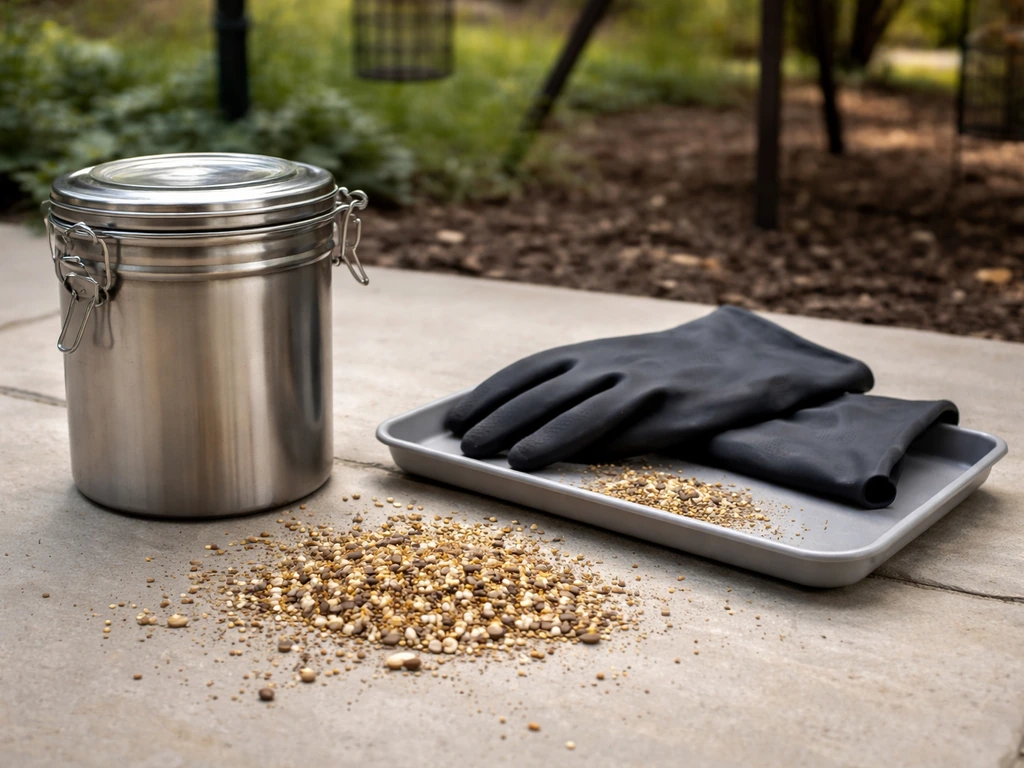 Gloves and a tray beside spilled birdseed with an open-seed cleanup setup and a sealed container nearby.