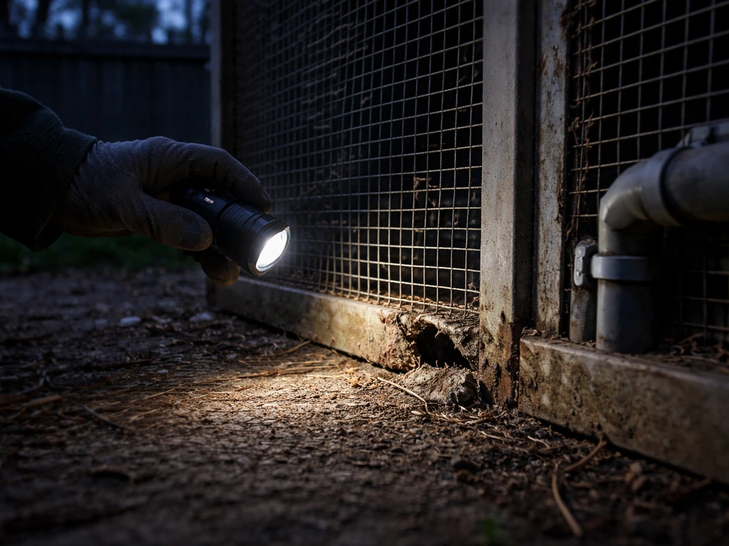 Flashlight reveals gnaw marks and gaps along a fenced aviary edge with pipes entering the structure at dusk.