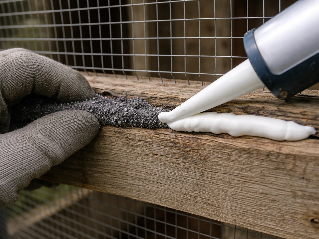 Hand packing steel wool into a small gap in wood near an outdoor aviary, then applying sealant over it.