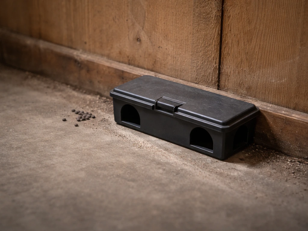 Rat snap trap secured in a bait station along a wall near droppings and a mouse runway.
