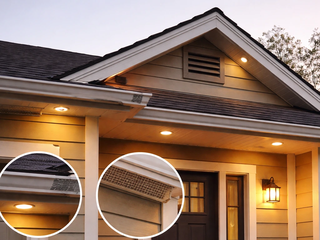 Quiet suburban home exterior at dusk with visible roofline and entry gaps secured to prevent a noisy bird