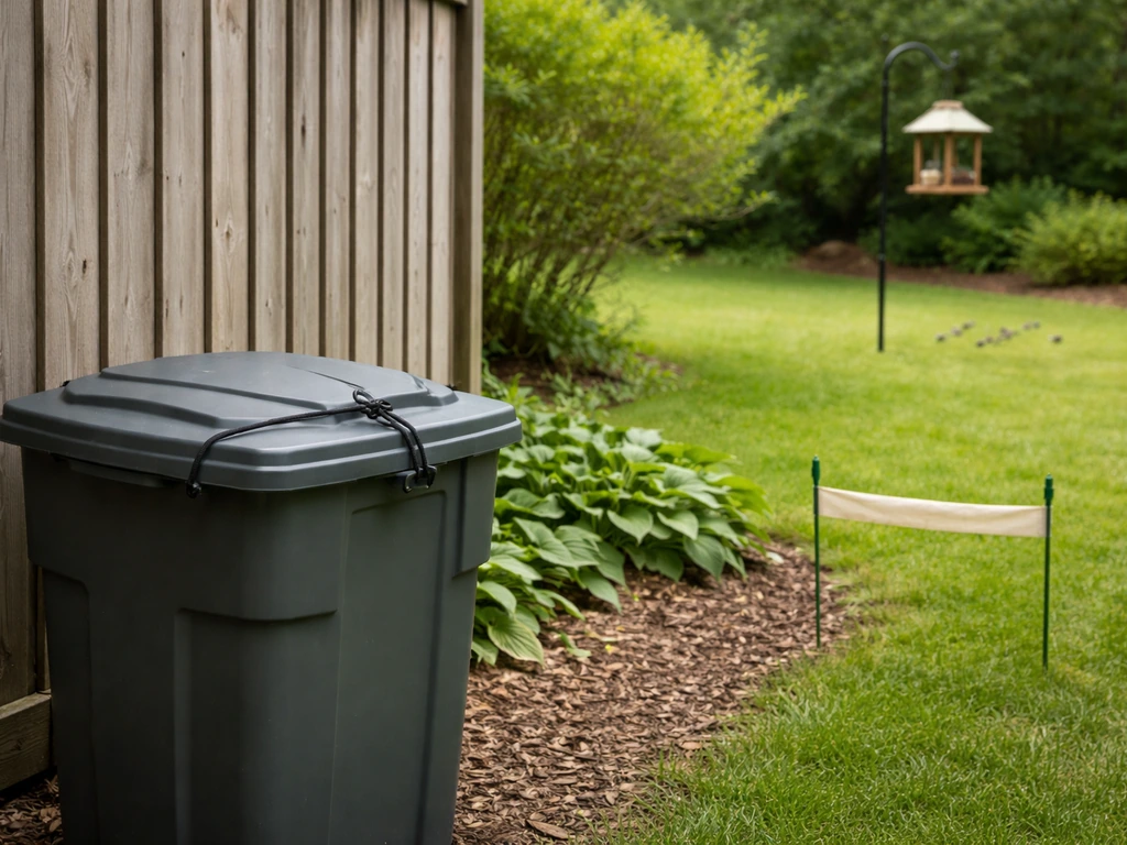 Quiet backyard scene with locked trash bin, bird feeder placed away, and a simple boundary to deter birds.