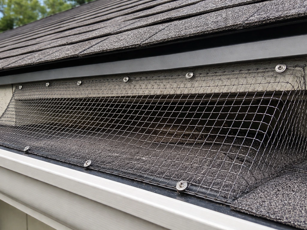 Close-up of secure physical exclusion mesh netting along a roofline, covering a roosting/nesting area.