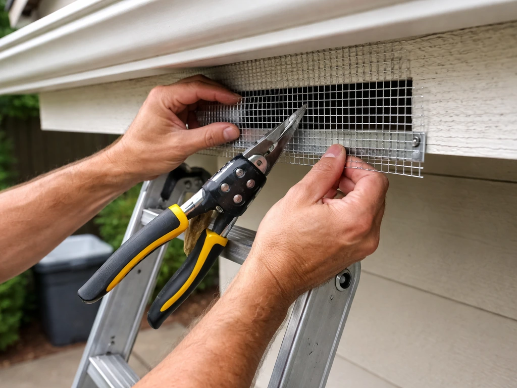 Handyman cutting and fitting hardware cloth over a soffit/eave roost gap with trash area covered in background
