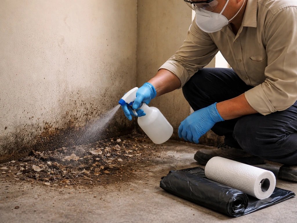 Worker in N95 respirator and gloves gently wets bird droppings cleanup area with a spray bottle