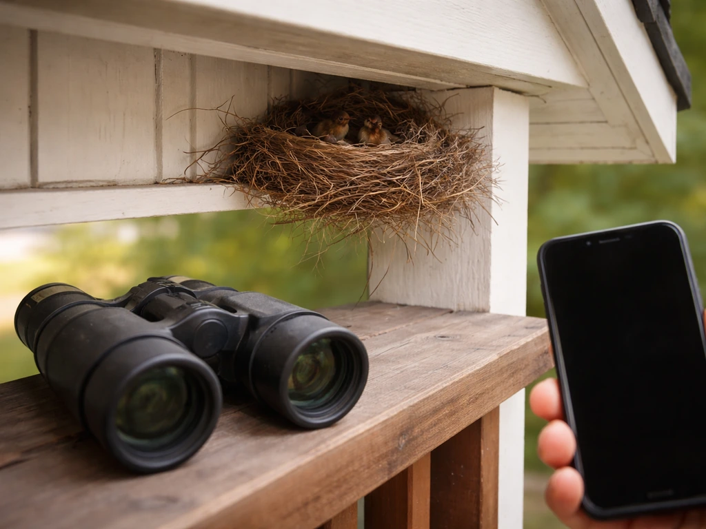 Binoculars and phone near a porch bird nest, viewed from a safe distance without touching.