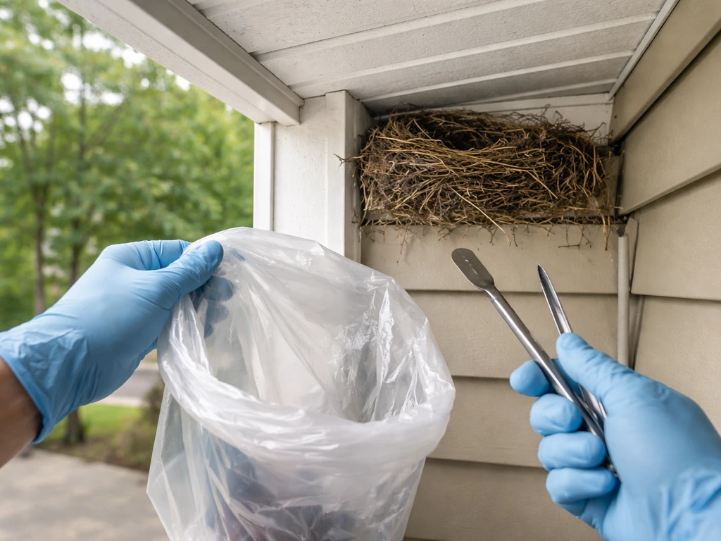 Gloved hands holding a disposable liner beside an empty porch bird nest, tools ready for cleanup