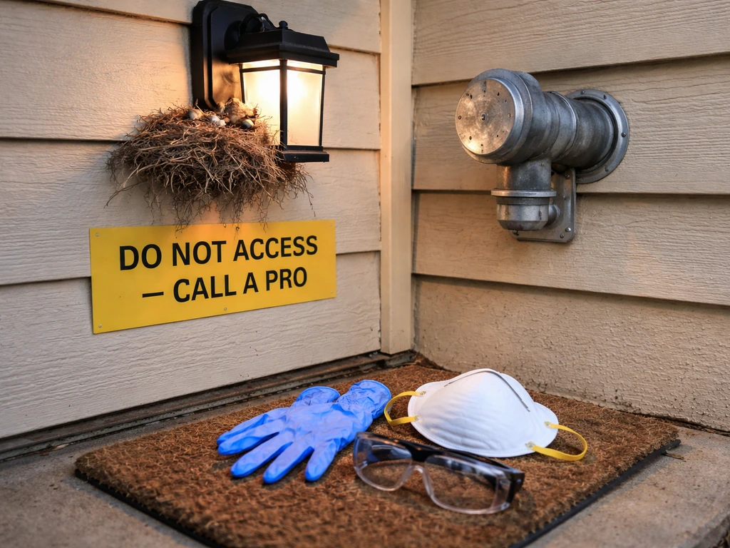 Bird nest beside an electrical fixture with a nearby gas vent, showing caution signs and PPE gear nearby.