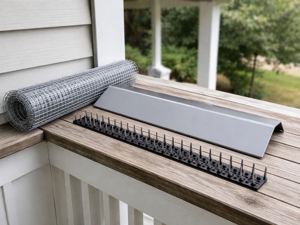Porch-proofing materials—hardware cloth, a sloped cover cap, and bird spikes—arranged near an outdoor ledge
