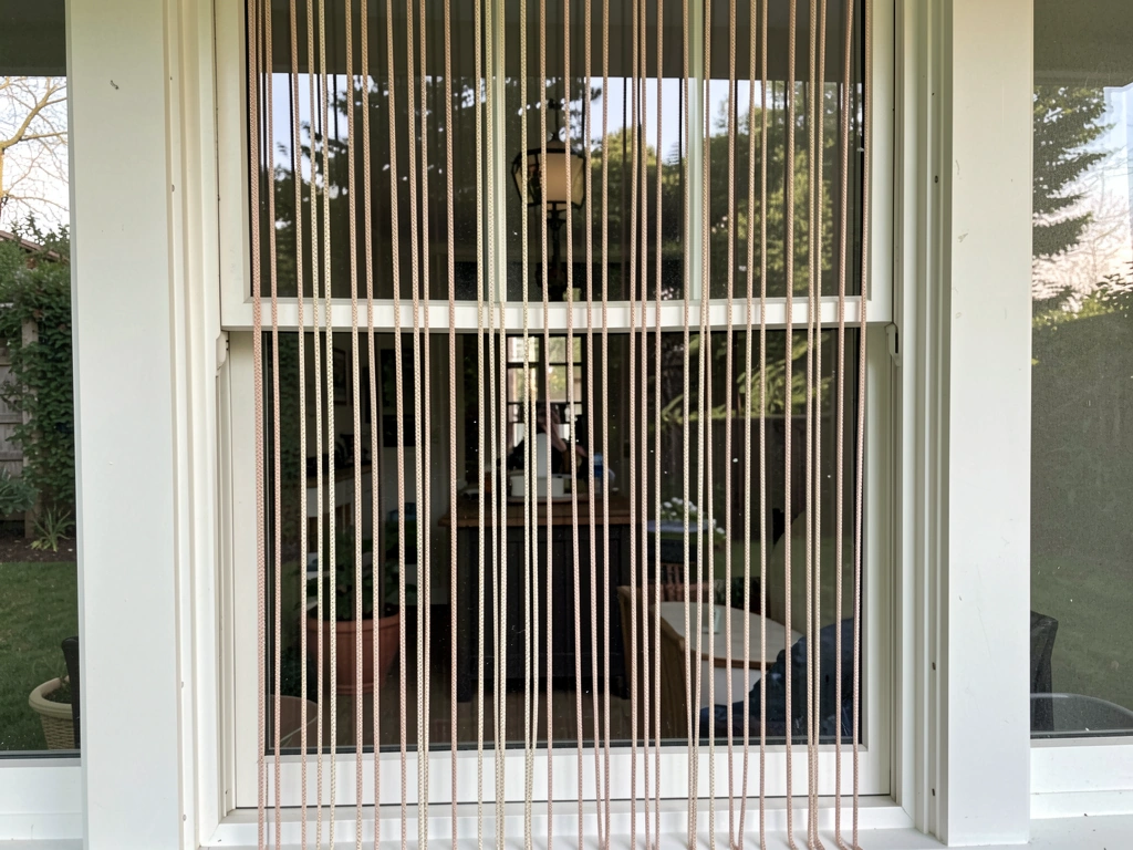 Paracord bird deterrent (Zen curtain) hanging in front of a window