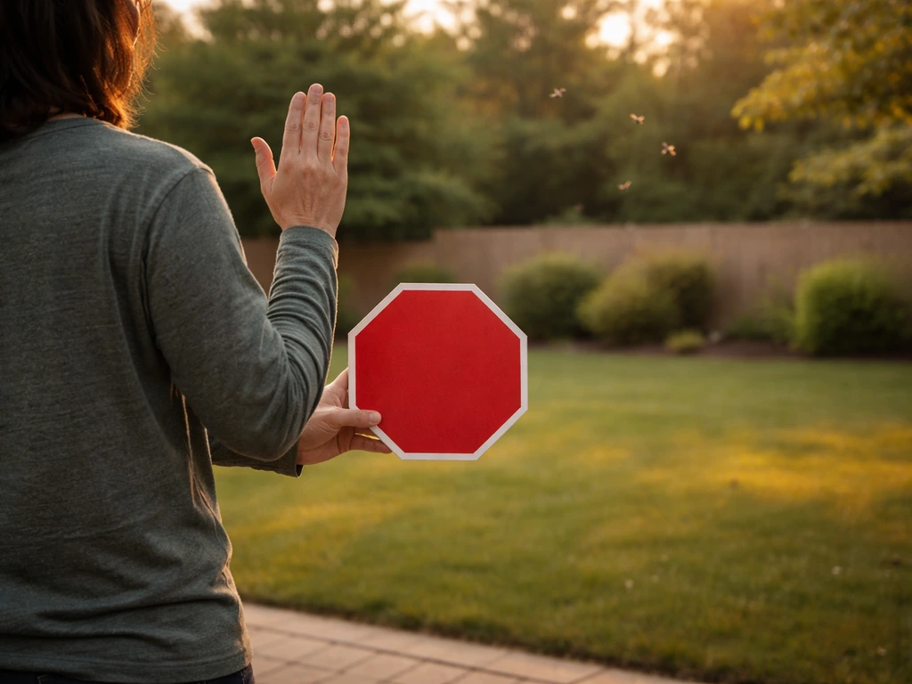 Backyard with a homeowner holding a red stop-sign-style yard marker while birds fly in the distance