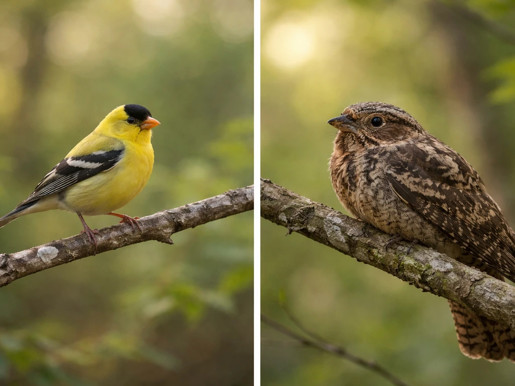 Minimal split scene showing a common migratory wild bird and a separate protected-bird implication in nature.