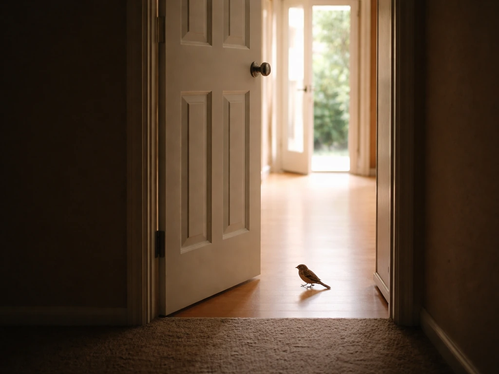 Closed interior door separates a room where a small bird is near an open exit doorway to outdoors.