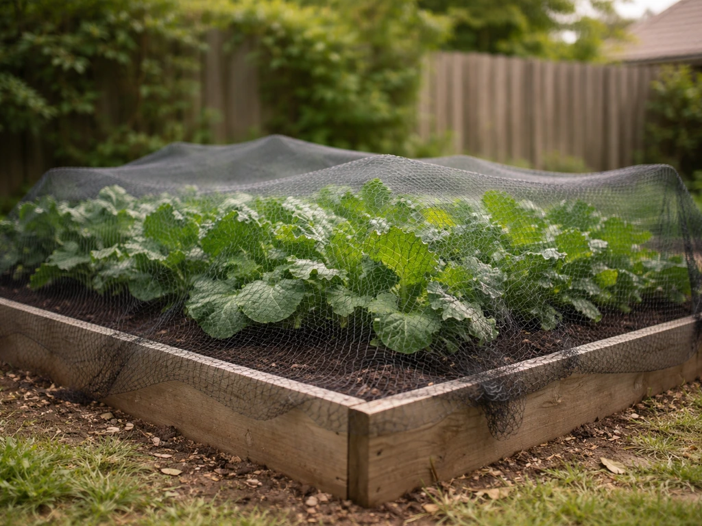 Raised garden bed covered with bird netting to protect plants from access and damage.