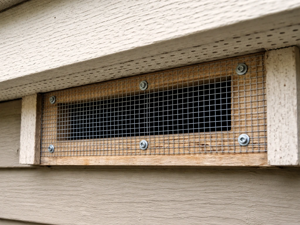 Close-up of hardware cloth tightly secured over an attic/soffit opening on a home exterior